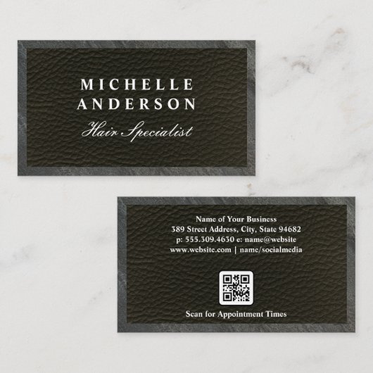 Slank zwart leder | Leisteentrim | QR-code Afsprakenkaartje (Voorkant / Achterkant)