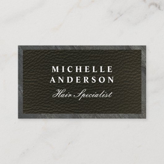 Slank zwart leder | Leisteentrim | QR-code Afsprakenkaartje (Voorkant)