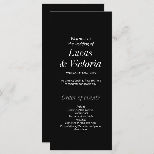 Slank zwart-wit minimalistisch huwelijksprogramma (Voorkant / Achterkant)