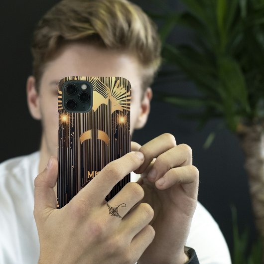 Slanke Art Deco Gold Rain Zwart Monogram of Naam Case-Mate iPhone Case