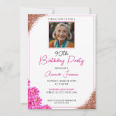 Slanke bloemenglitter 90e verjaardag kaart (Voorkant)