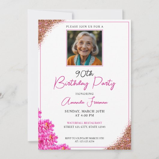Slanke bloemenglitter 90e verjaardag kaart (Voorkant)