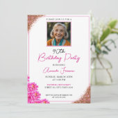 Slanke bloemenglitter 90e verjaardag kaart (Staand voorkant)