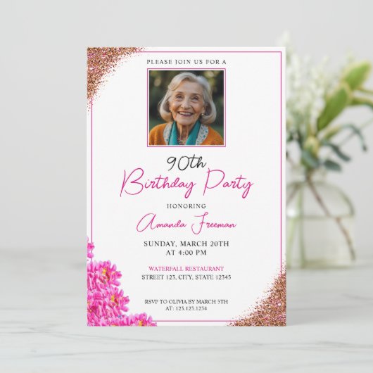 Slanke bloemenglitter 90e verjaardag kaart (Staand voorkant)