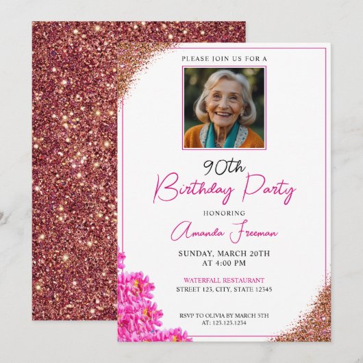 Slanke bloemenglitter 90e verjaardag kaart (Voorkant / Achterkant)