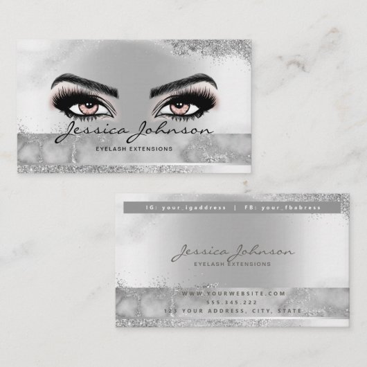Slanke glam zilveren metallic Wimpers extensions Visitekaartje (Voorkant / Achterkant)