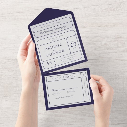 Slanke moderne lijnen Navy & Grey All In One Uitnodiging (Afscheurbaar)