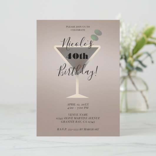 Slanke Olive Martini Glam Cocktail Verjaardagsfees Kaart (Staand voorkant)