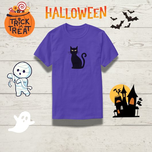 Slanke Oranje-Eyed Black Cat Halloween T-shirt