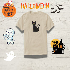 Slanke Oranje-Eyed Black Cat Halloween T-shirt