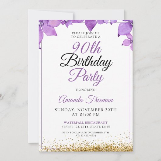 Slanke paarse bloemen 90ste verjaardag kaart (Voorkant)