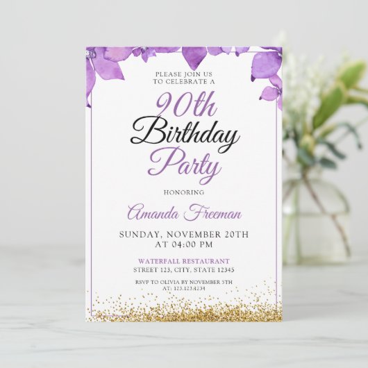 Slanke paarse bloemen 90ste verjaardag kaart (Staand voorkant)