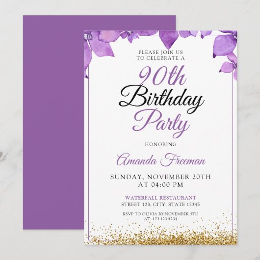 Slanke paarse bloemen 90ste verjaardag kaart (Voorkant / Achterkant)