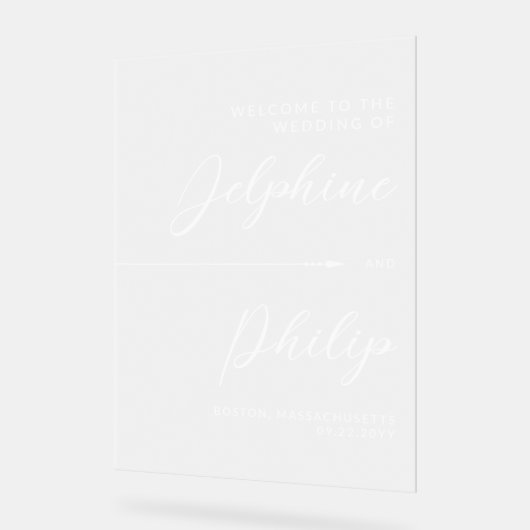 Slanke pijl & wit script bruiloft welkom acryl bord (Hoek)