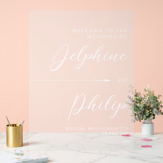 Slanke pijl & wit script bruiloft welkom acryl bord (Huwelijk)