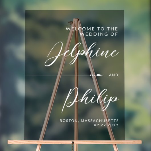 Slanke pijl zwart wit script bruiloft welkom acryl bord (Neutraal)