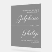 Slanke pijl zwart wit script bruiloft welkom acryl bord (Hoek)