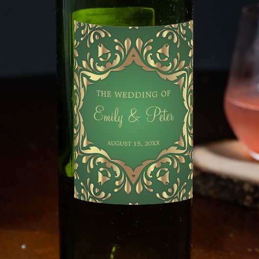 Slanke Royal Faux Gold Ornamenten op Emerald Green Wijn Etiket