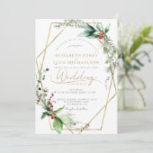 Slanke winter verlaat Berry Gold Monogram bruiloft Kaart (Staand voorkant)