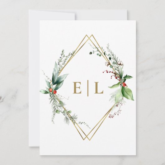 Slanke winter verlaat Berry Gold Monogram bruiloft Kaart (Achterkant)