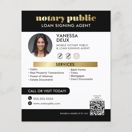 Slanke zwart en goud notaris QR Code Foto Flyer (Voorkant)