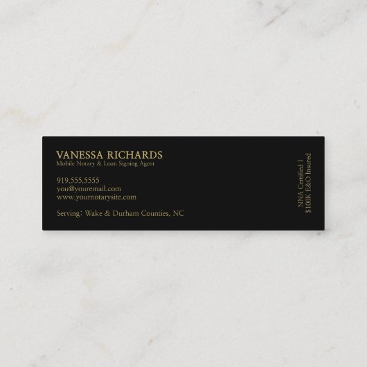 Slanke Zwart & Goud Veer Foto QR Code Notaris Mini Visitekaartje (Achterkant)