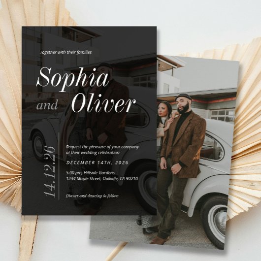 Slanke zwart-wit foto minimalistische bruiloft kaart