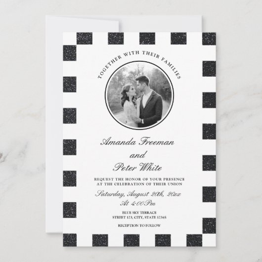 Slanke zwart-wit Glitter Checkerboard bruiloft Kaart (Voorkant)