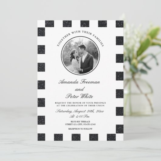 Slanke zwart-wit Glitter Checkerboard bruiloft Kaart (Staand voorkant)