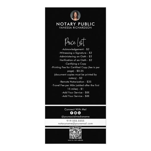 Slanke zwart-wit QR-code notaris prijslijst Reclamekaart (Achterkant)