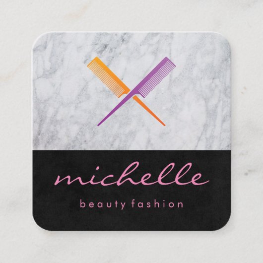 Slanke zwarte gekruiste kam en marmer vierkante visitekaartje (Voorkant)