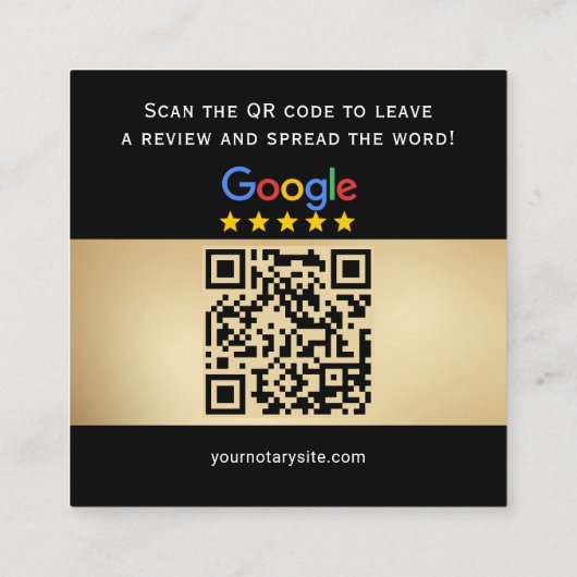 Slanke zwarte Google Review QR Code Notary Marketi Vierkante Visitekaartje (Achterkant)