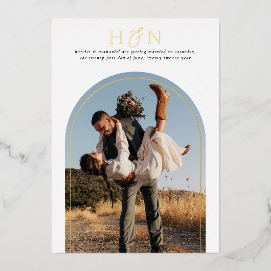 Slanzend Elegant Modern Minimalist 2 Fotohuwelijk Folie Uitnodiging (Voorkant)