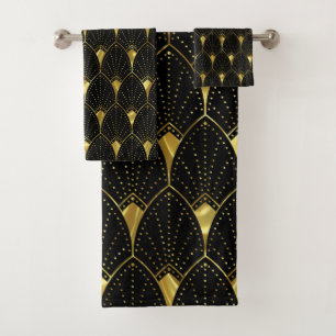 Slanzend Gold Art Deco Patroon op zwarte achtergro Bad Handdoek