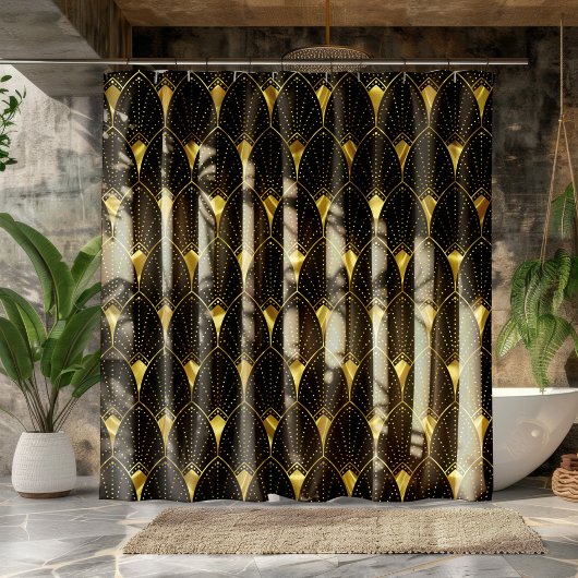 Slanzend Gold Art Deco Patroon op zwarte achtergro Douchegordijn