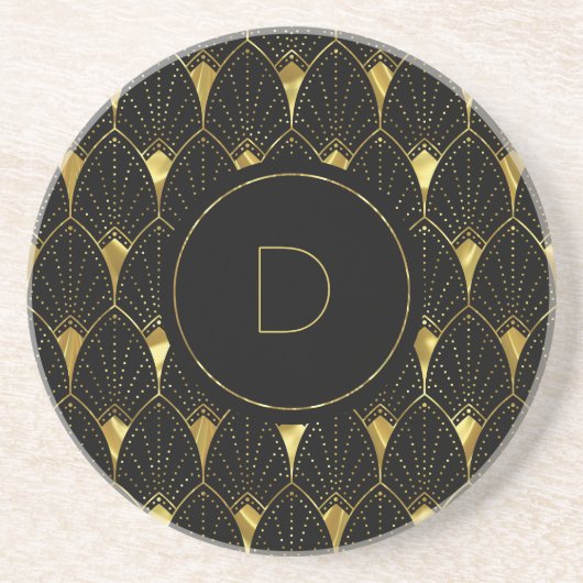 Slanzend Gold Art Deco Patroon op zwarte achtergro Zandsteen Onderzetter (Voorkant)