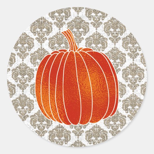 Slanzend Oranje herfst Pumpkin Burlap White Damask Ronde Sticker (Voorkant)