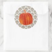 Slanzend Oranje herfst Pumpkin Burlap White Damask Ronde Sticker (Tas)