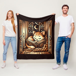 Slapen Art Deco stijl kat met een boek Fleece Deken