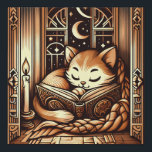 Slapen Art Deco stijl kat met een boek Imitatie Canvas Print<br><div class="desc">Schattige art deco art stijl illustratie van een kat slapen op een boek door kaarslicht,  voor een raam met een nachtelijke hemel met maan en sterren buiten. De kleuren zijn bruine sepia tinten.</div>