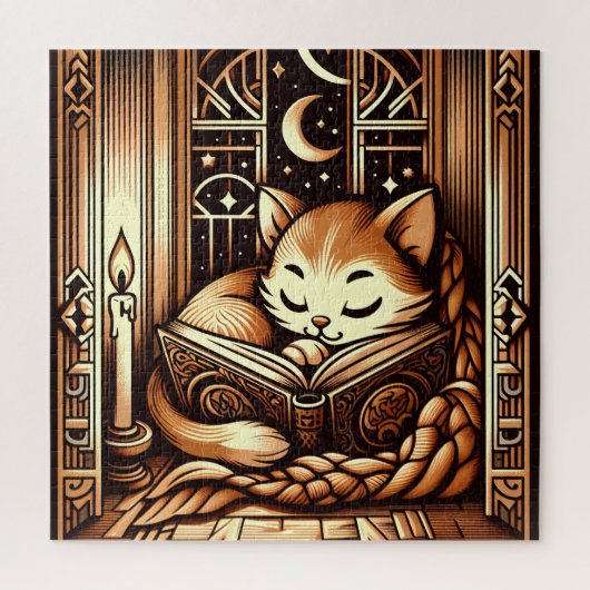Slapen Art Deco stijl kat met een boek Legpuzzel (Verticaal)