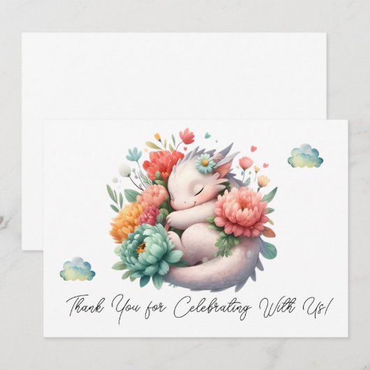 Slapen Baby Dragon in een bed van bloemen dank u Bedankkaart (Voorkant / Achterkant)