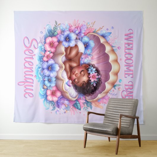 Slapen Baby Girl in Seashell Bloemenpastel Wandkleed (In Situ (horizontaal))