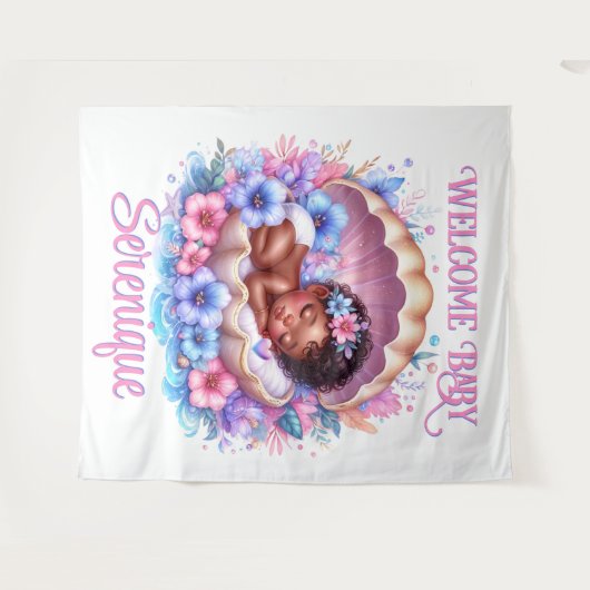 Slapen Baby Girl in Seashell Bloemenpastel Wandkleed (Voorkant (horizontaal))