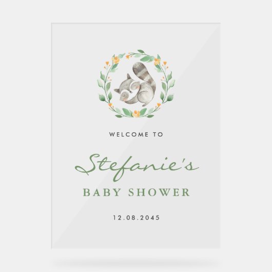 Slapen Baby Wasbeer Krans Baby shower Welkom Acryl Bord (Voorkant)