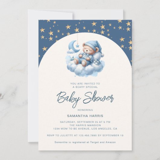 Slapen beer wolk & sterren blauw jongen baby showe kaart (Voorkant)