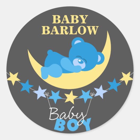 Slapen Blue Boy Teddy Bear op Moon Baby shower Ronde Sticker (Voorkant)