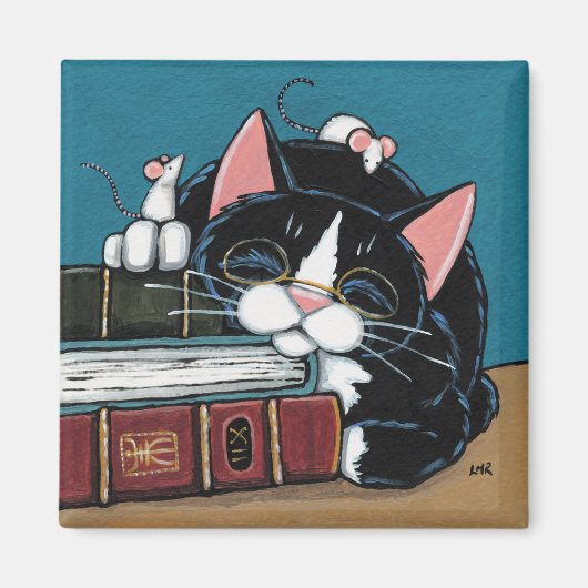 Slapen Boekenworm Tuxedo Kat en Muizen Schilderen Magneet (Voorkant)