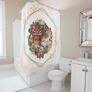 Slapen Dazzling Fawn, Bruin Dier Bloemen Kunst Douchegordijn