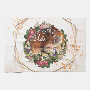Slapen Fawn, Bruin Dier Bloemen Kunst Theedoek